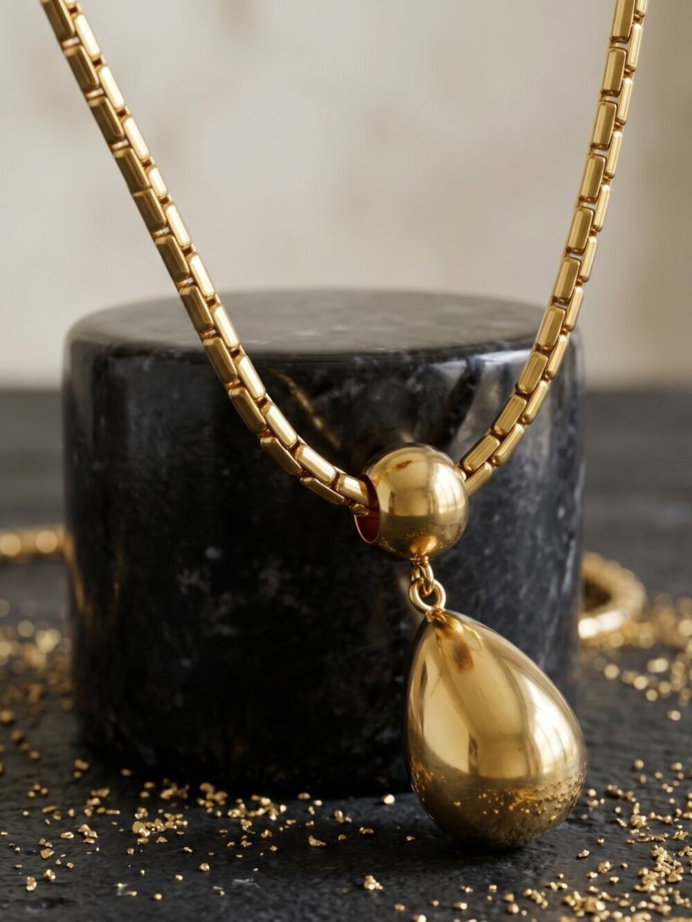 Gold Teardrop Pendant Necklace 18K Plated Box Chain Ball Drop Minimalist 18"